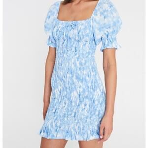 Faithfull the Brand Smocked Puff Sleeve Mini Dress In Blue and White Size Small
